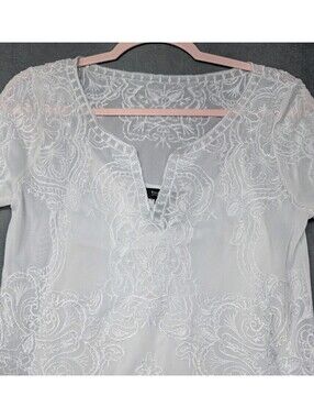 White House Black Market Womens Small White Embroidered Lace Tunic Top Boho Line